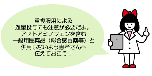 重複服用による過量投与にも注意が必要だよ。アセトアミノフェンを含む一般用医薬品（総合感冒薬等）と併用しないよう患者さんへ伝えておこう！