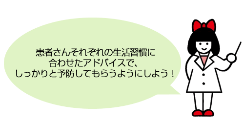 患者さんそれぞれの生活習慣に合わせたアドバイスで、しっかりと予防してもらうようにしよう！