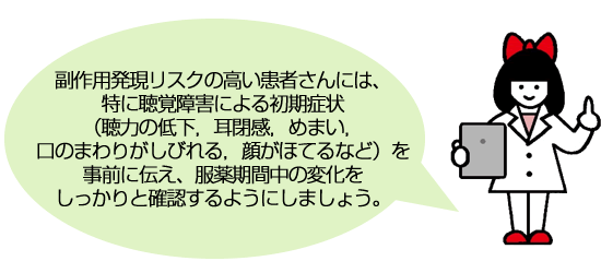 副作用発現リスクの高い患者さんには、特に聴覚障害による初期症状（聴力の低下，耳閉感，めまい，口のまわりがしびれる，顔がほてるなど）を事前に伝え、服薬期間中の変化をしっかりと確認するようにしましょう。