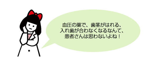 血圧の薬で、歯茎がはれる、入れ歯が合わなくなるなんて、患者さんは思わないよね！